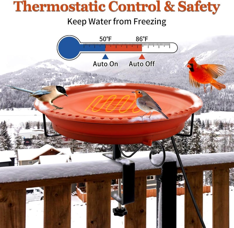 Lovppy Heated Bird Baths for Outdoors for Winter, 100W Heated Bird Bath Water Heater with Thermostatically Controlled, Heated Bird Bath for Deck Railing Outside Garden Patio Yard (Brown) - Image 3